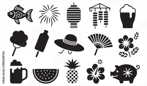 Summer festival and holiday silhouette icon set