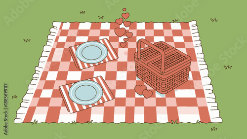 Cozy Outdoor Picnic Spread with Red Plaid Blanket, Basket, and Plates on Green Grass for Leisure and Relaxation