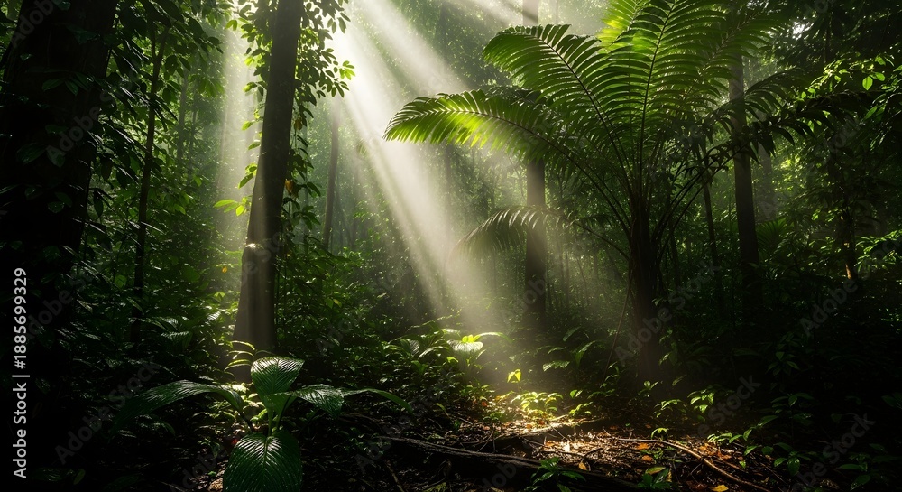 Obraz premium Sunbeams illuminate a lush, verdant rainforest, casting ethereal rays through the dense canopy onto the forest floor