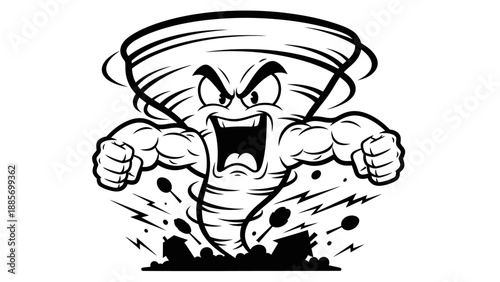 Furious Cartoon Tornado Monster Character Raging and Destroying Ground on Isolated White Background