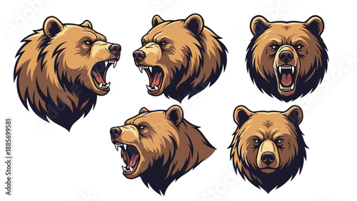Set of five aggressive grizzly bear head mascots in various roaring poses with bared teeth in warm brown tones.