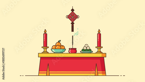 Traditional Chinese offering table with red candles, fruit, incense, and dumplings on a light yellow background, cultural reverence.