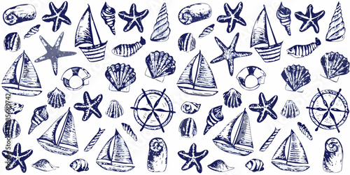 A nautical sketch featuring seashells starfish sailboats and maritime elements