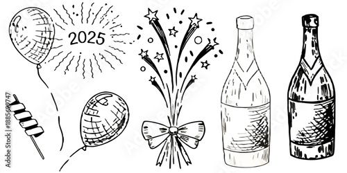 A monochrome sketch of several bottles and a flower in a vase