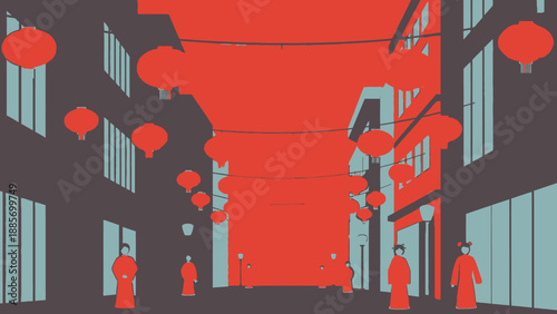 Atmospheric Chinese city street scene at night adorned with traditional red lanterns and people walking, cultural urban landscape.