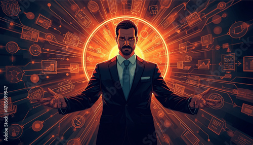 Businessman in a suit standing in front of a bright orange circle with various digital elements and icons surrounding him