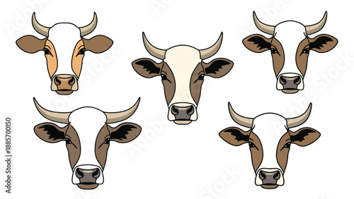 Collection of five cow heads with various brown and white patterns and curved horns illustrated in a clean vector style against white.