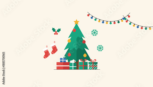 Festive Christmas illustration with tree gifts stockings and lights Ideal for holiday marketing collateral