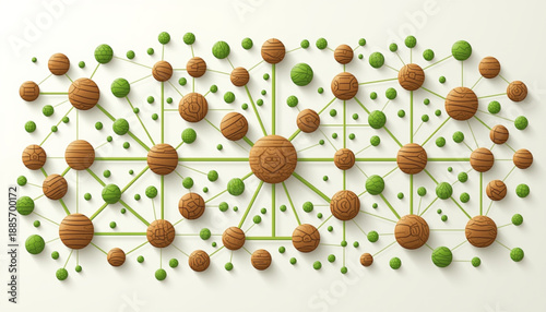 A complex network of interconnected brown and green spheres on a representing connections and relationships in a visually striking pattern