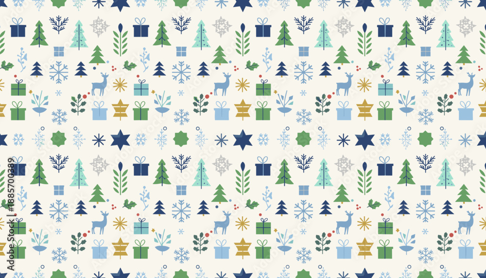Obraz premium Seamless Nordic winter holiday pattern with trees reindeer snowflakes and gifts Festive background