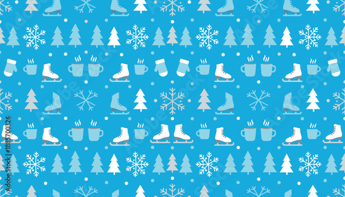 Festive winter pattern with ice skates fir trees snowflakes and steaming mugs on a blue background