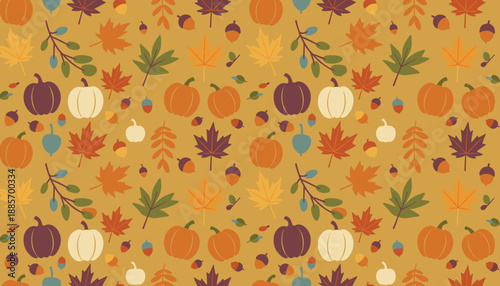 Seamless fall pattern with pumpkins colorful maple leaves and acorns Thanksgiving harvest or textile design use