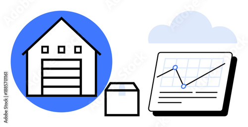 Warehouse icon with a package and analytics graph. Ideal for logistics, e-commerce, supply chain, inventory tracking, data analysis, efficiency, cloud-based solutions. Simple flat metaphor
