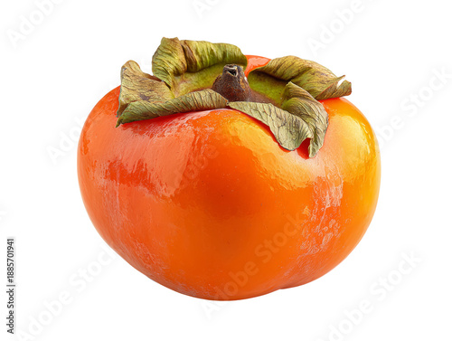 A single, vibrant persimmon fruit, showcasing its glossy orange skin and fresh green leaves Isolated Transparent Background, PNG