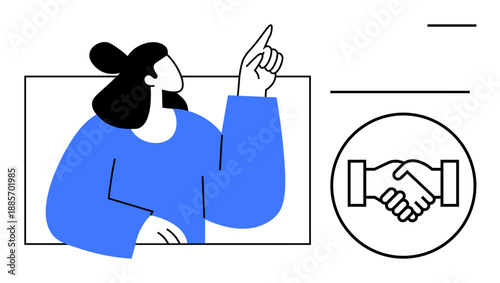 Business collaboration. Abstract female figure pointing upward next to handshake symbol. Business collaboration fostering partnerships and teamwork. For leadership, teamwork, networking