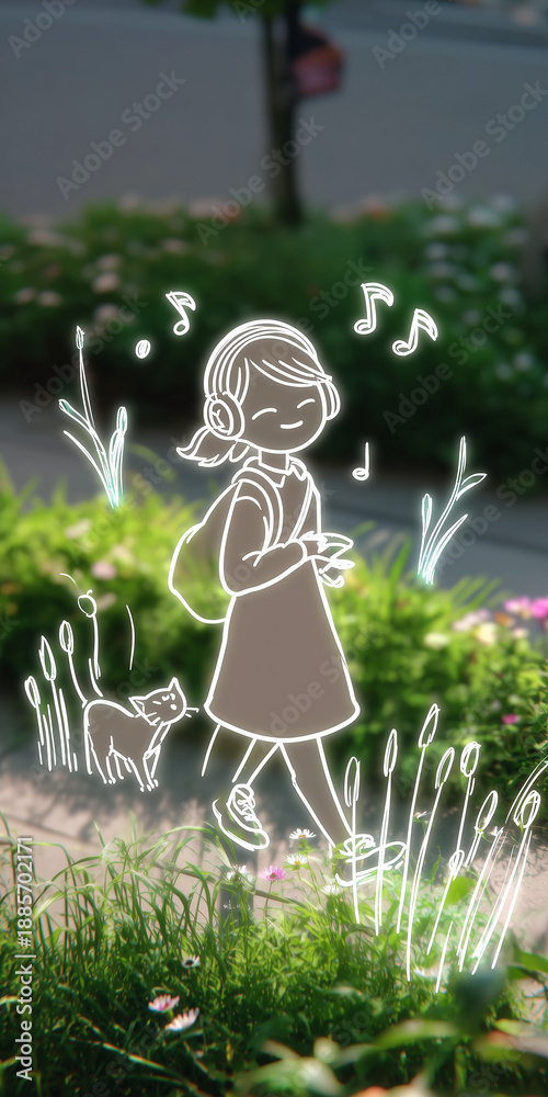 Fototapeta premium A girl with headphones and a backpack walks with her cat, surrounded by glowing plants and musical notes.