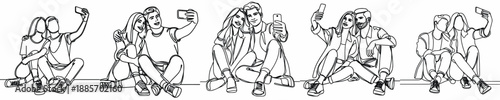 line art of a couple sitting on floor taking a selfie together