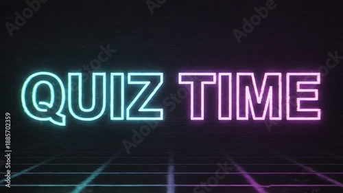 Neon 'QUIZ TIME' text with a retro digital grid background, glowing in blue-green and pink-purple.