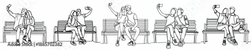 line art of a couple sitting on bench park taking a selfie together