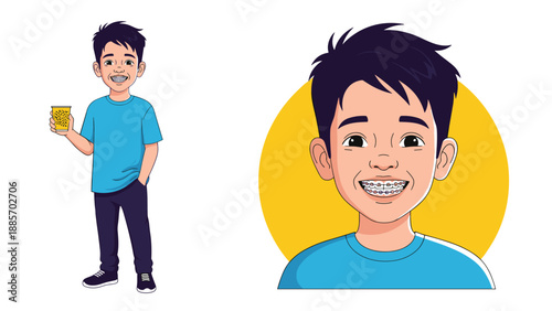 Smiling young boy with dental braces wearing a blue t-shirt and holding a yellow cup with both a full body and portrait view.