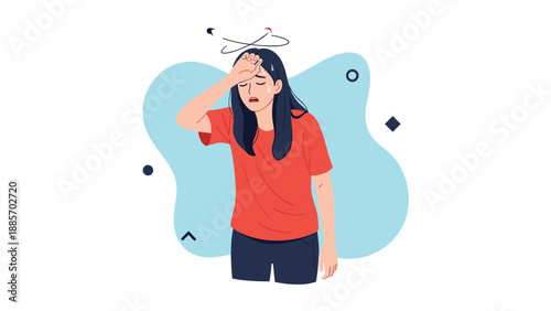 Young woman suffering from dizziness or headache wearing a red t-shirt and dark pants standing against abstract background.