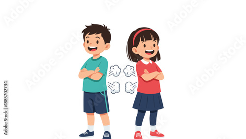 Two children standing back to back with their arms crossed and laughing as puffs of smoke indicate they are both farting loudly.