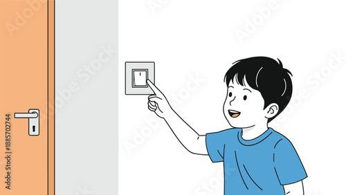 Young boy standing near a wooden door and reaching out to press a white electrical light switch on the wall to brighten the room.