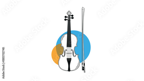 Classic violin with its bow positioned vertically against a simple artistic background featuring blue and orange circular shapes.