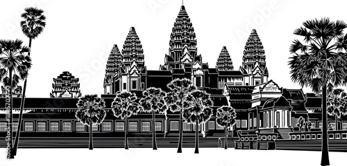 Angkor Wat temple silhouette illustration featuring ancient Khmer architecture with palm trees, iconic Cambodian landmark, detailed black vector artwork isolated on white background