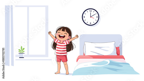 Young girl stretching her arms and yawning happily in her bedroom next to her bed and a window as morning sunlight enters.