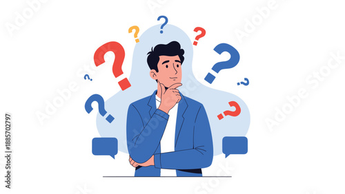Professional man in a blue suit touching his chin while thinking deeply surrounded by many colorful question mark symbols.