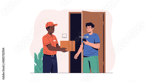 Courier delivering a cardboard package to a young man at his apartment door while the recipient checks his smartphone for the delivery confirmation.
