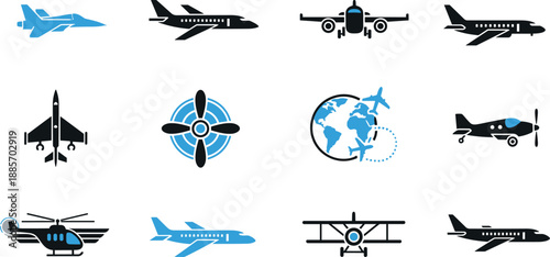 Aviation transport icon set illustration featuring airplanes, jets, helicopters, propellers, and global flight symbols in modern flat and silhouette vector design