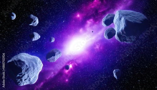 Asteroids in a vibrant nebula, cosmic dust and celestial bodies.
