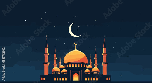 Beautiful Mosque Illustration at Night with Crescent Moon and Stars for Ramadan Kareem and Eid Mubarak Background