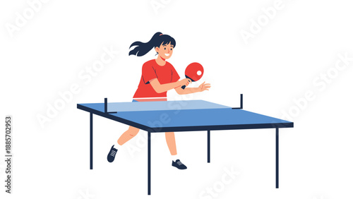 Active young girl in a red shirt playing table tennis with a paddle and ball showing her focus and agility during an exciting indoor sports match.