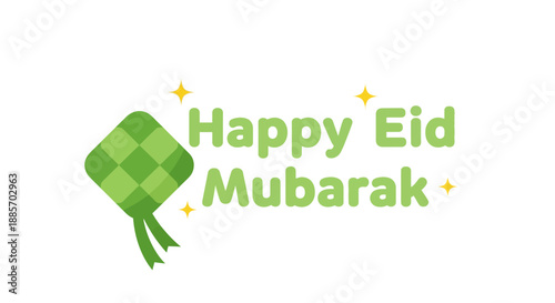 Happy Eid Mubarak Greeting with Green Ketupat Rice Cake and Sparkle Elements