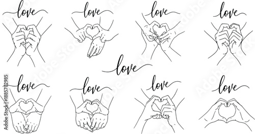 Line art illustration of hands making heart shapes with love calligraphy for valentines day wedding engagement and romantic minimalist design elements