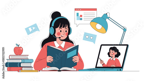 Focused student wearing headphones studying online with a laptop and various textbooks while a teacher appears on the screen for a virtual lesson.