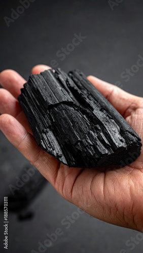 Close Up Of Rough Black Tourmaline Crystal Being Held In A Palm With Water Droplets Against A Dark Textured Backdrop