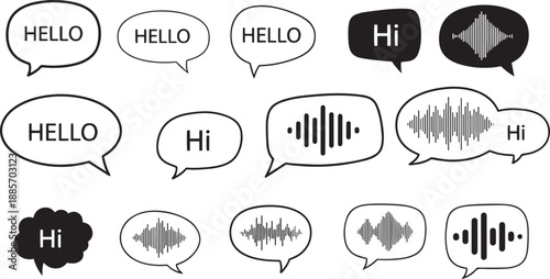 Speech Bubble Set with Hello and Hi Text and Audio Sound Wave Icons for Chat Communication and Voice Message Design Elements