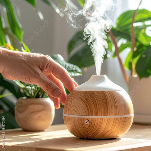 Hand gently touches a wooden essential oil diffuser emitting a wispy steam plume surrounded by lush green houseplants in soft natural light
