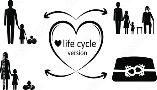 Human life cycle concept with family silhouettes showing growth from childhood to old age with heart and arrows for infographic