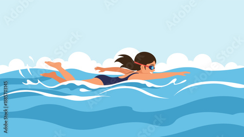 Determined young girl wearing goggles and a blue swimsuit swimming through the waves of the ocean or a large pool during a summer vacation trip.