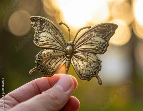 Close up of a detailed antique brass butterfly brooch held between fingers with soft golden sunset light filtering through blurred green foliage background