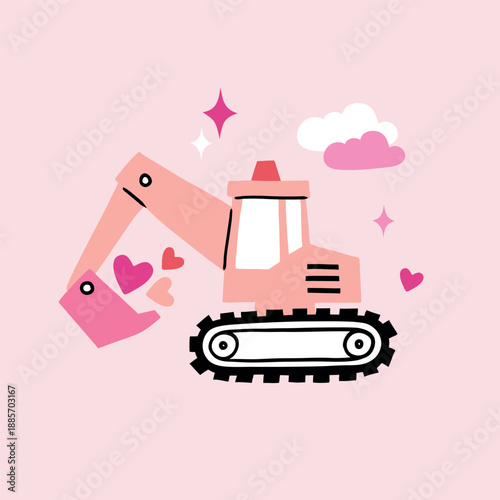 Valentine's Day construction truck design on isolated pink background. Hand drawn clipart with bulldozer and hearts. 