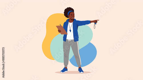 Professional female sports coach holding a clipboard and pointing forward while wearing a blue tracksuit during a training session.