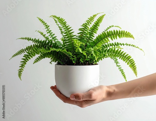 Hand Holding Potted Green Fern Plant With Lush Fronds and White Ceramic Pot Against a Soft White Background