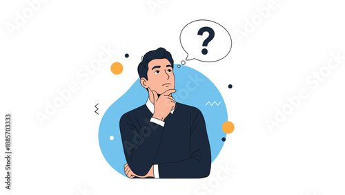 Thoughtful young man in a dark sweater touching his chin and looking up at a question mark while trying to solve a problem.