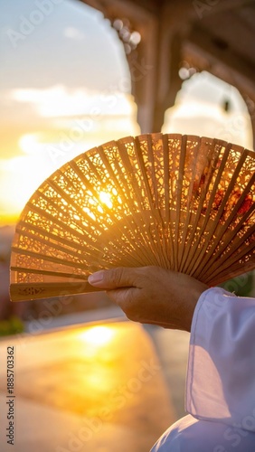 Warm Sunset Light Shines Through Delicate Wooden Hand Fan Held by Woman in White Robe with Soft Bokeh Background